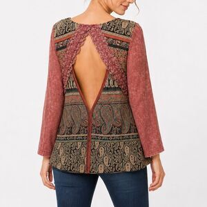 Gimmicks by BKE Boho Top Sz S Patchwork Crochet Paisley Lace Back Cutout